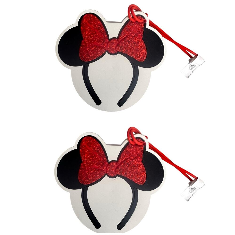Disney Parks Minnie Mouse Ears Headband Red Glitter Bow Luggage Tag Lot of 2